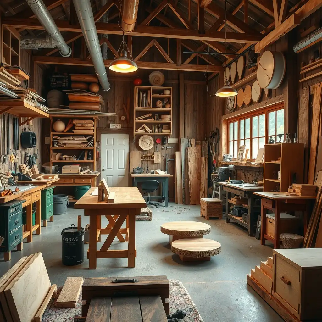 A bright and inviting woodworking workshop filled with various tools, wooden pieces, and intricate projects, showcasing the artistry and craftsmanship of woodworking.