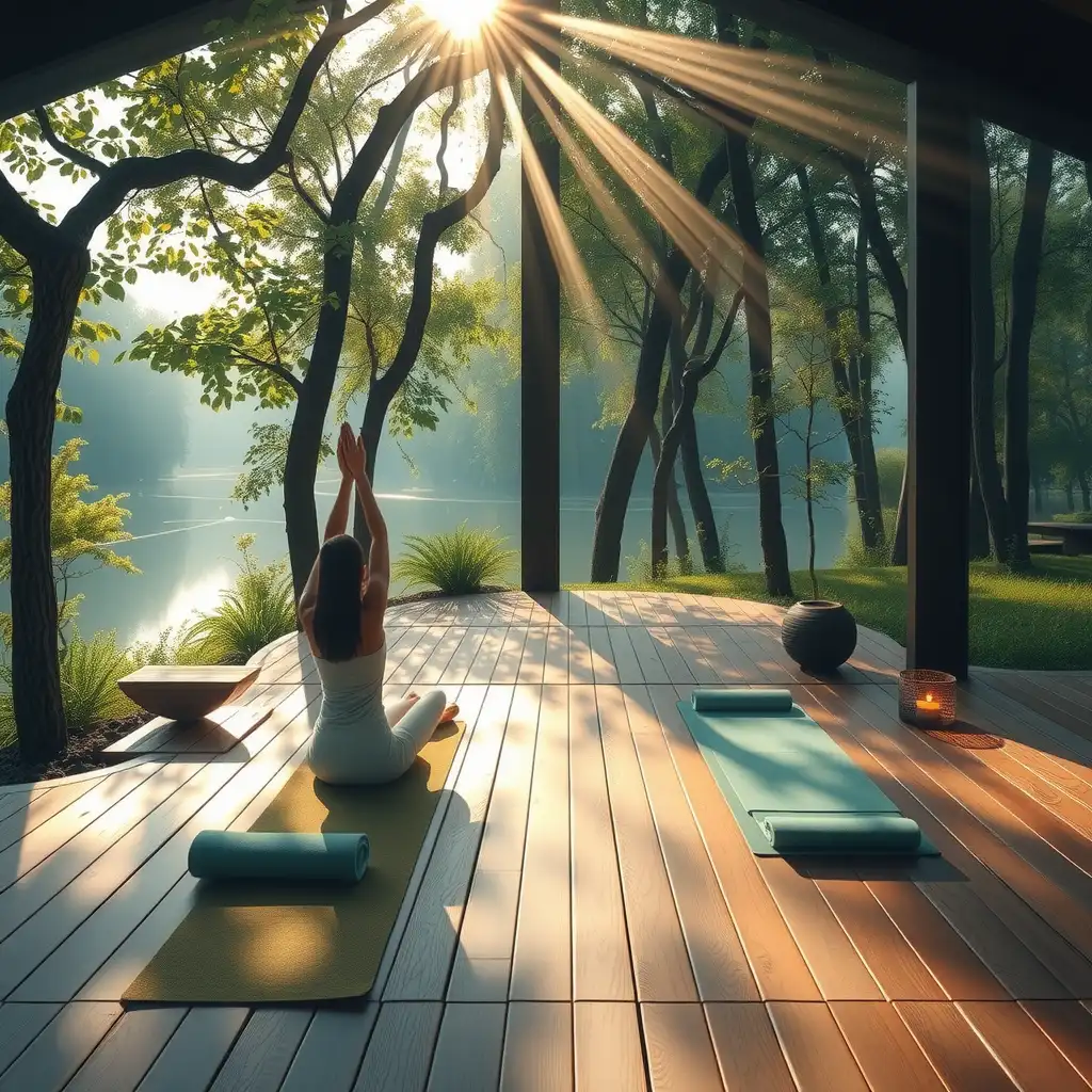 Serene outdoor yoga retreat with mats arranged in a circle, surrounded by lush greenery and natural elements, evoking peace and mindfulness.