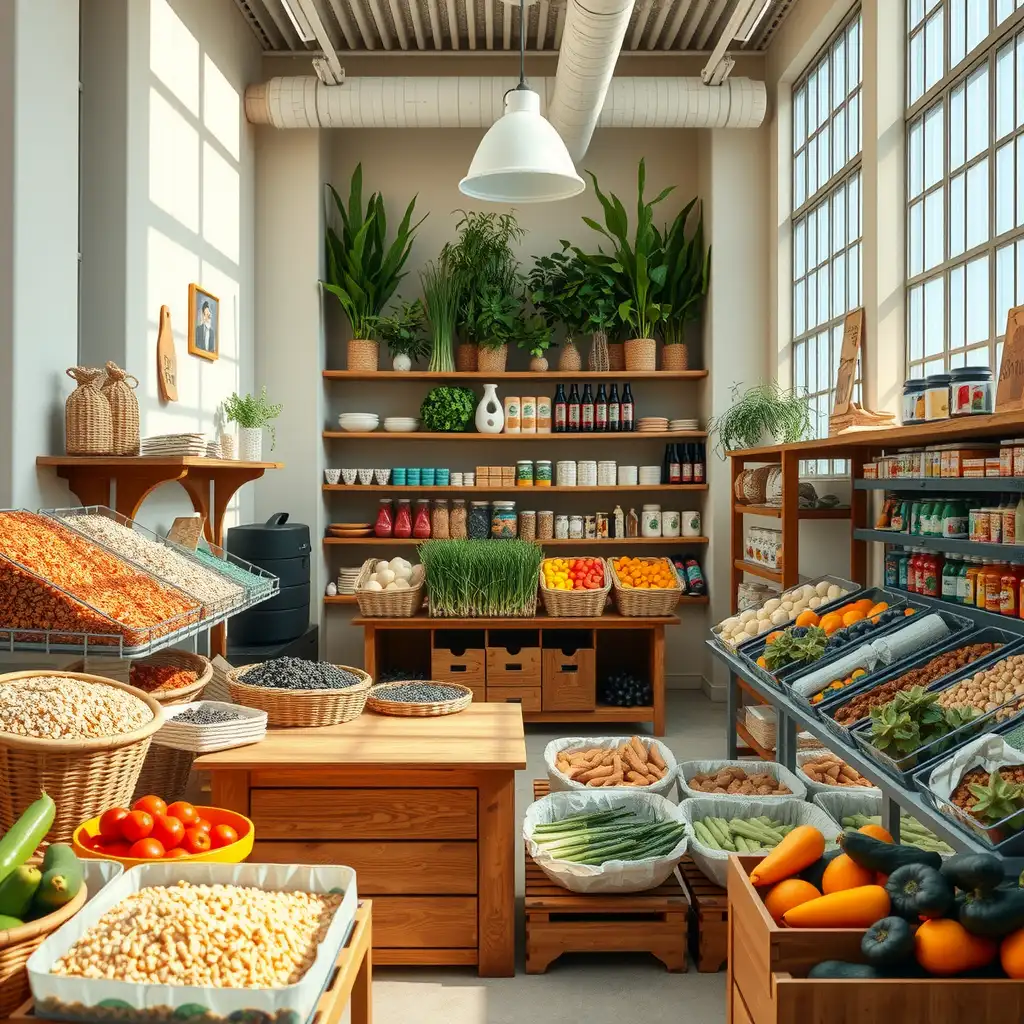 A vibrant, modern zero-waste grocery store showcasing bulk bins filled with colorful grains and legumes, fresh produce without plastic packaging, and eco-friendly products on wooden shelves, emphasizing sustainability and mindful consumption.