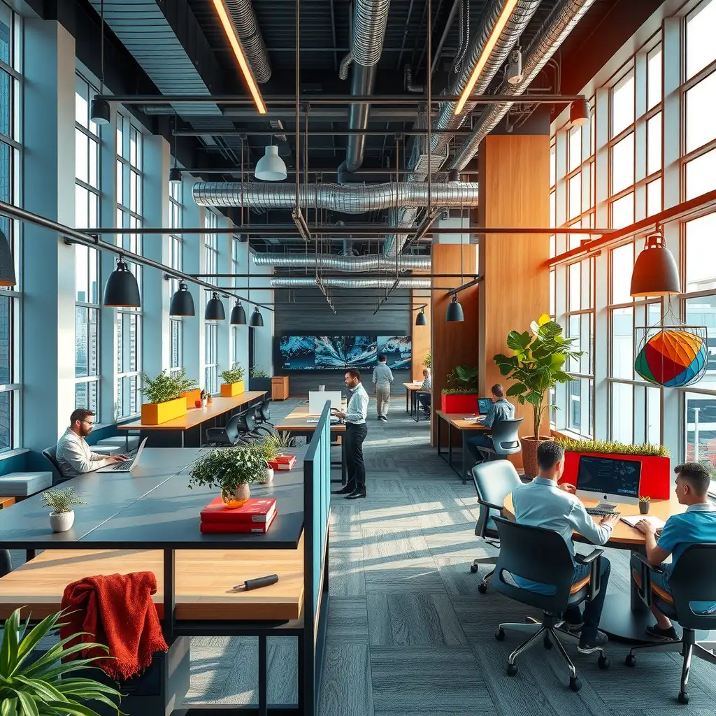 Dynamic workspace for tech startups featuring stylish workstations, diverse teams collaborating, and cutting-edge technology, embodying creativity and entrepreneurial spirit.