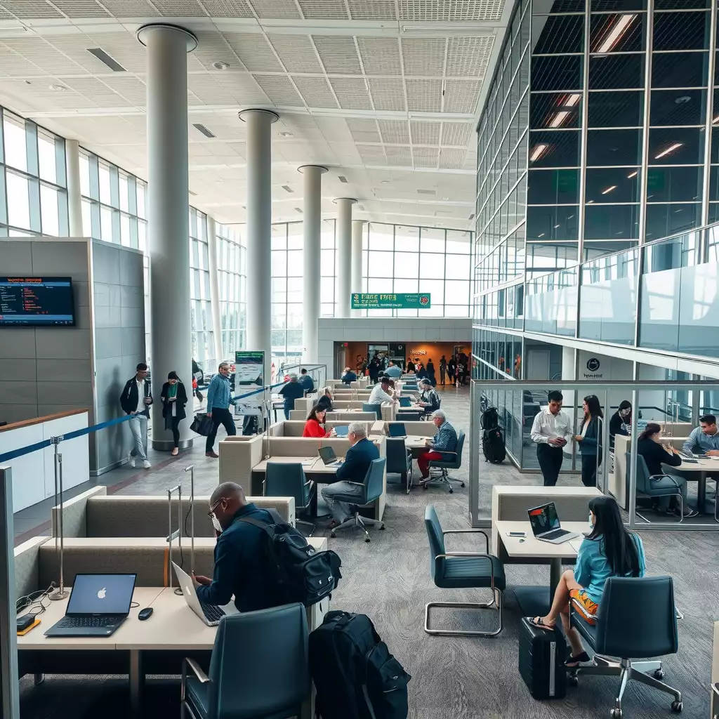 A bustling workspace in Bangkok's Suvarnabhumi Airport, featuring travelers engaged in work amidst comfortable seating, charging stations, and sleek architecture.