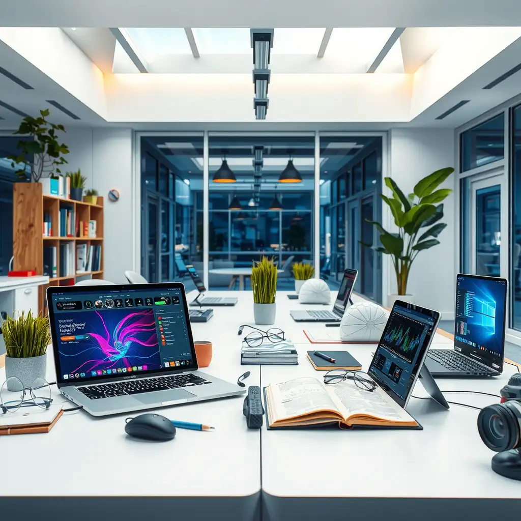 A modern workspace filled with advanced technology, featuring laptops, notebooks, and visual representations of data, all designed to inspire creativity and innovation.