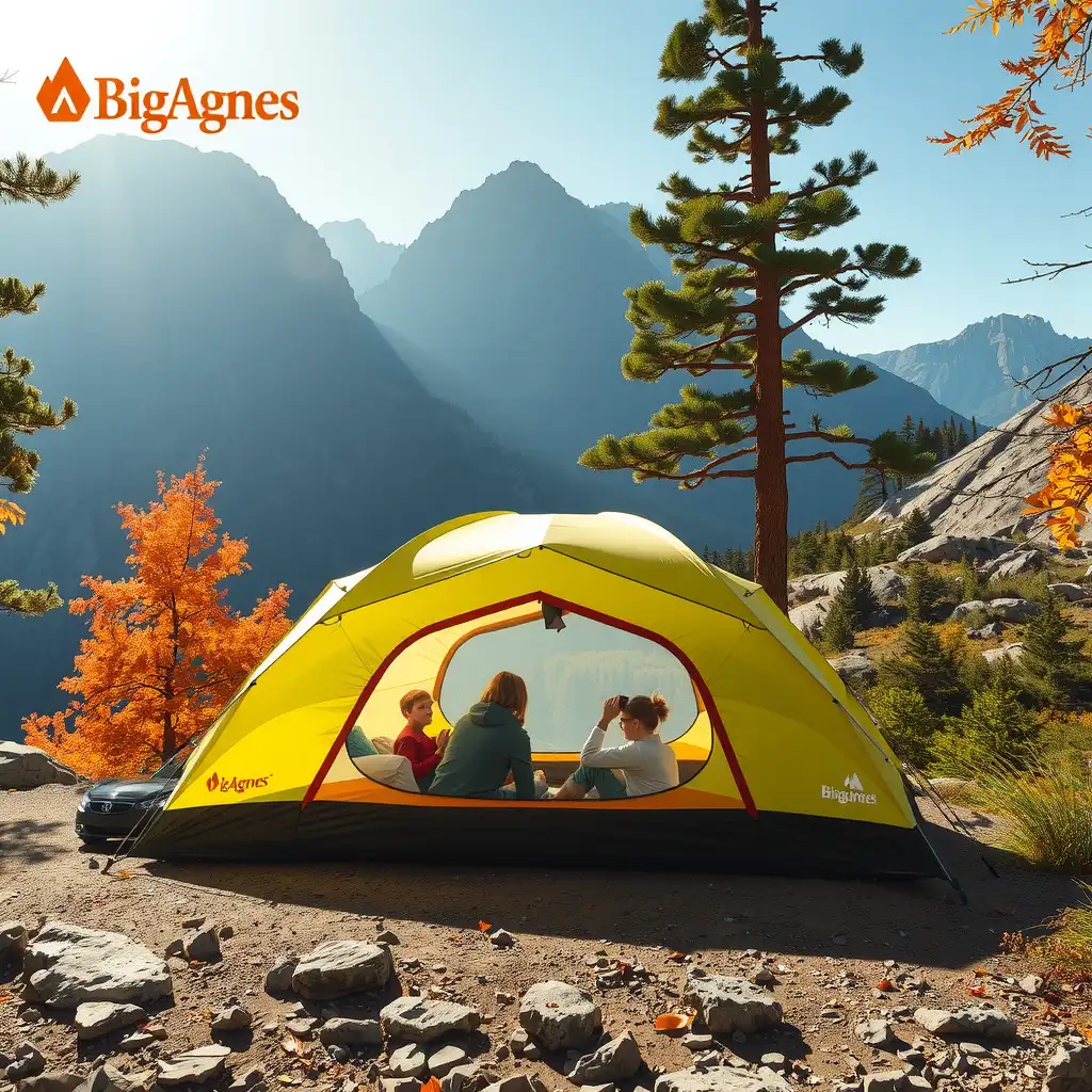 A spacious Big Agnes Spicer Peak 6 tent set against a backdrop of colorful autumn foliage and rugged mountains, with camping gear and a family enjoying the campsite.