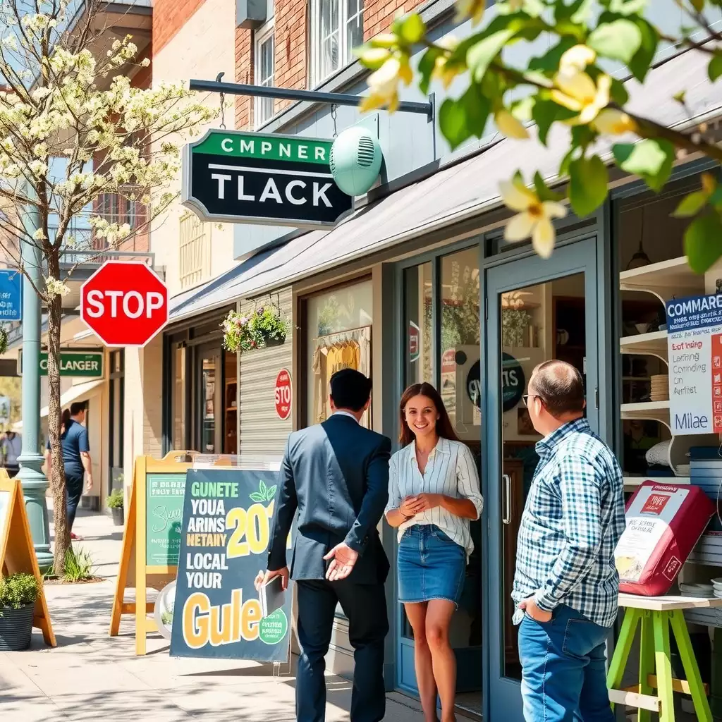 A vibrant small business storefront bustling with customers, featuring a friendly owner engaging with the community and colorful signage that reflects local entrepreneurship and optimism for growth.