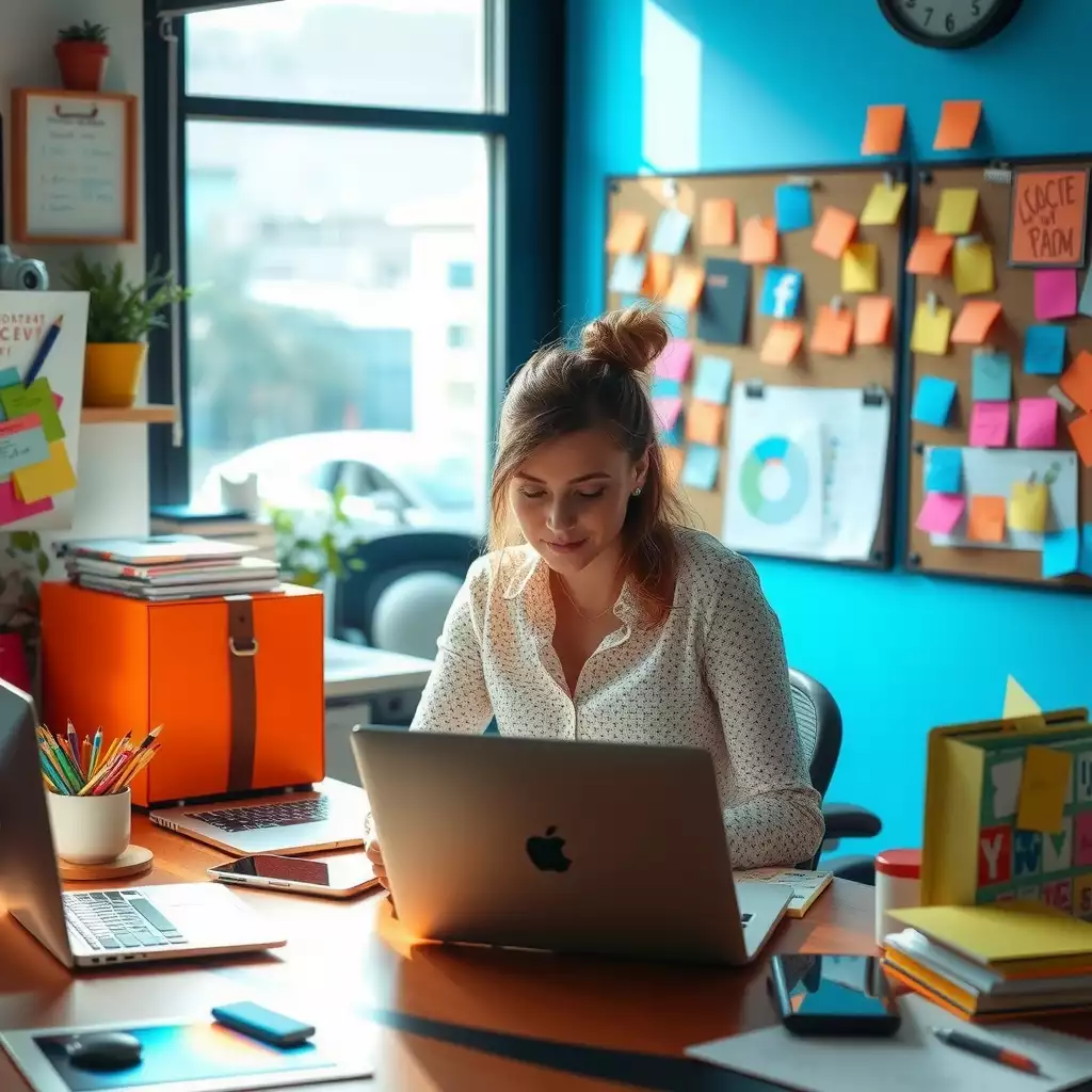 A vibrant workspace filled with modern technology, creative tools, and brainstorming materials, embodying collaboration and strategic thinking in content creation.