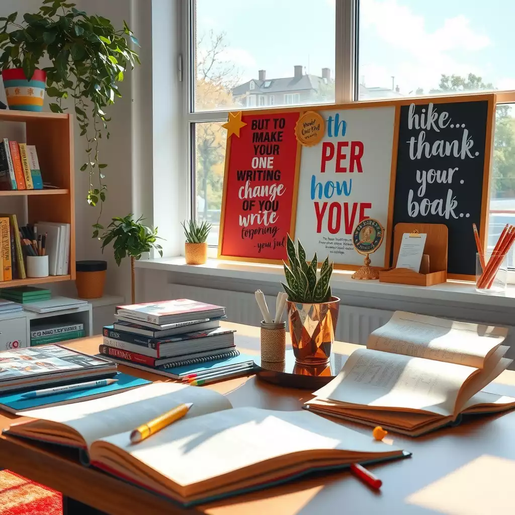 A bright and inspiring workspace featuring a stylish desk with colorful stationery, open books, and a vision board filled with motivational quotes. Natural light floods the room, creating an atmosphere of creativity and productivity.