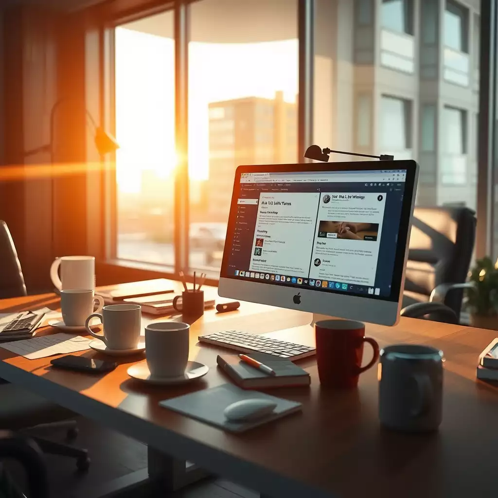 A modern digital workspace featuring a computer screen with AI writing tools, surrounded by notes, coffee mugs, and books on SEO and link building, reflecting creativity and productivity in digital marketing.