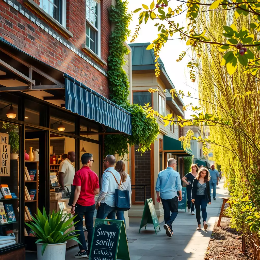 A vibrant local storefront bustling with customers, featuring engaging displays and charming architecture, showcasing community interaction and the spirit of shopping locally.