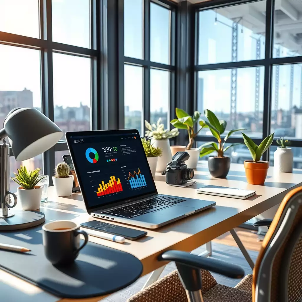 A modern workspace featuring a sleek laptop with analytics and colorful charts, surrounded by potted plants and creative decor, embodying innovation in digital marketing and mobile SEO.