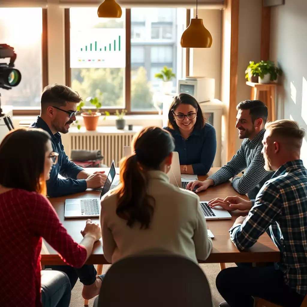 A modern digital marketing team collaborating in a vibrant workspace, featuring laptops, digital screens with data analytics, and brainstorming sessions that highlight creativity and technology.