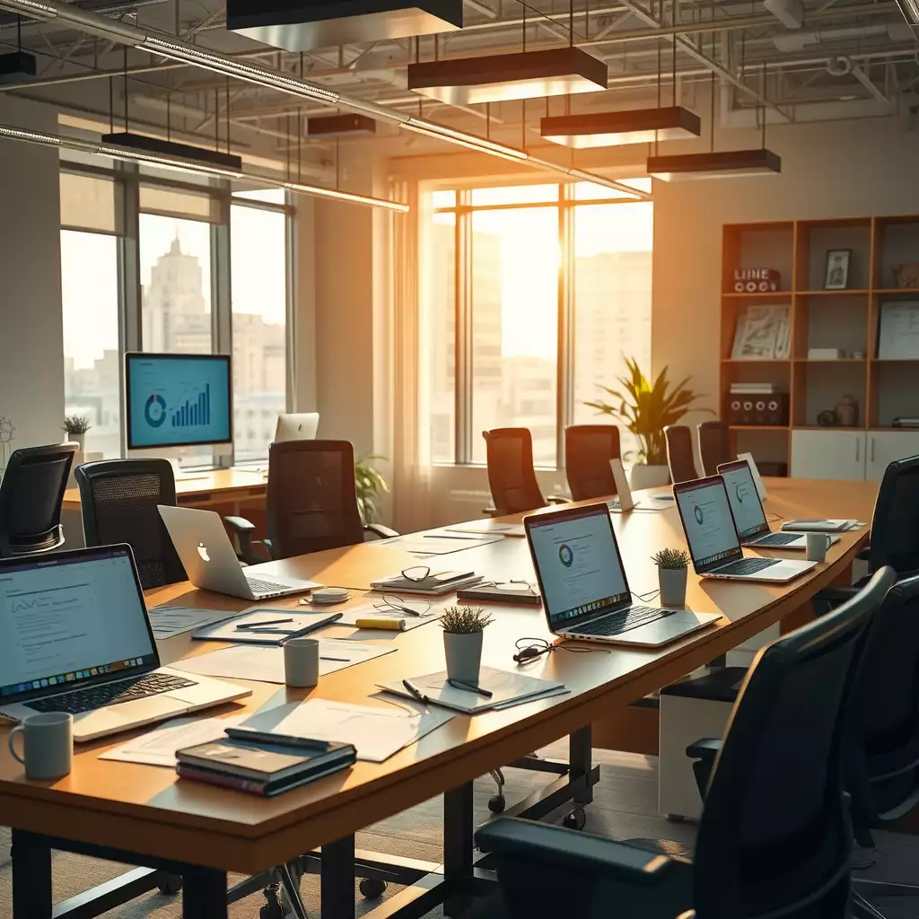 A vibrant modern workspace showcasing advanced technology, laptops with analytics, brainstorming notes, and AI tools, reflecting creativity and productivity in content creation.