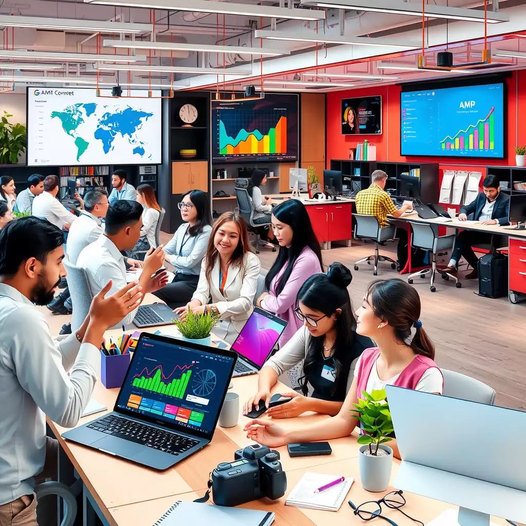 Dynamic digital marketing workspace featuring laptops, colorful growth charts, and diverse professionals engaged in brainstorming sessions, all reflecting the fast-paced world of SEO optimization.