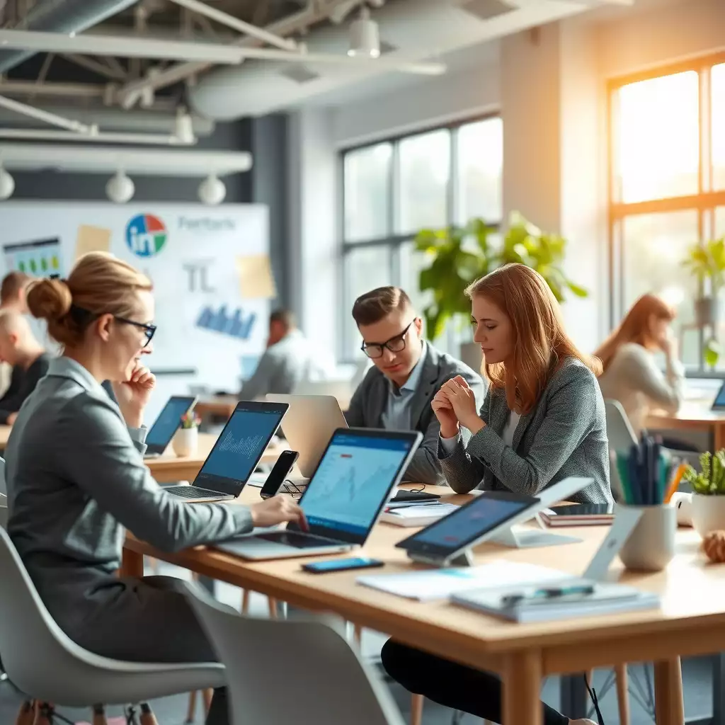 Dynamic office workspace with professionals collaborating on digital devices, surrounded by visual elements representing social media and SEO analytics, conveying innovation and connectivity.