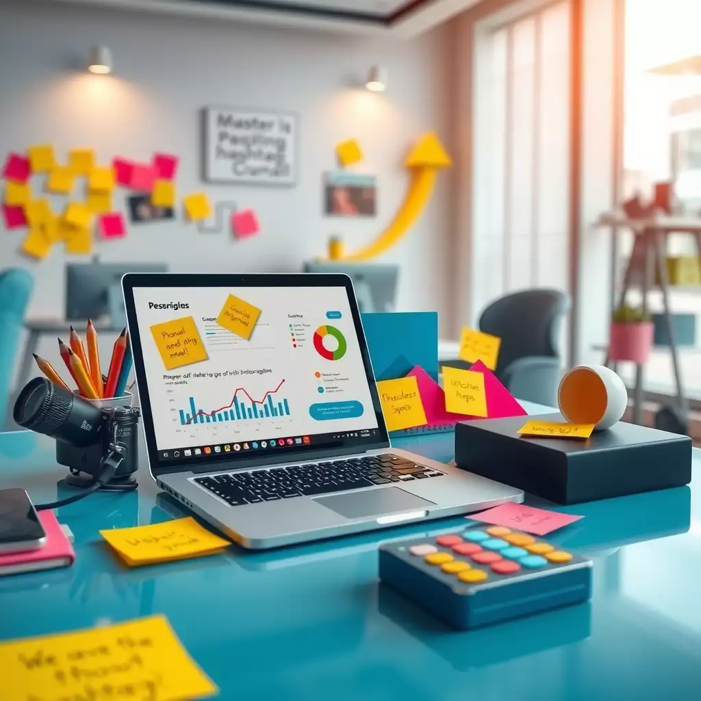 A vibrant modern workspace showcasing digital marketing tools, featuring a laptop with analytics, colorful sticky notes with hashtags, growth charts, and motivational quotes.