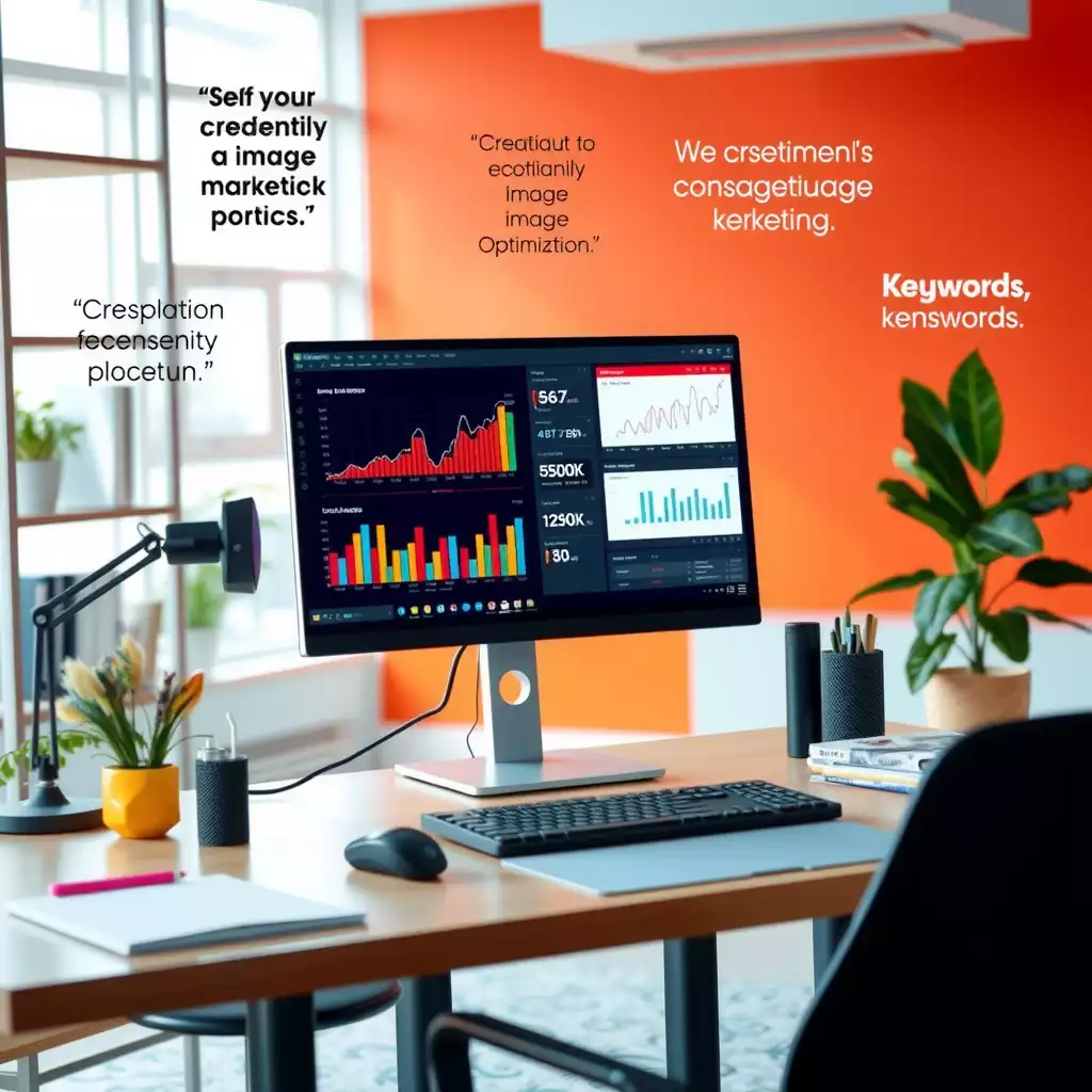 A modern digital workspace featuring a sleek computer displaying analytics and SEO tools, adorned with motivational quotes and integrated graphs and charts, conveying innovation and strategic thinking.