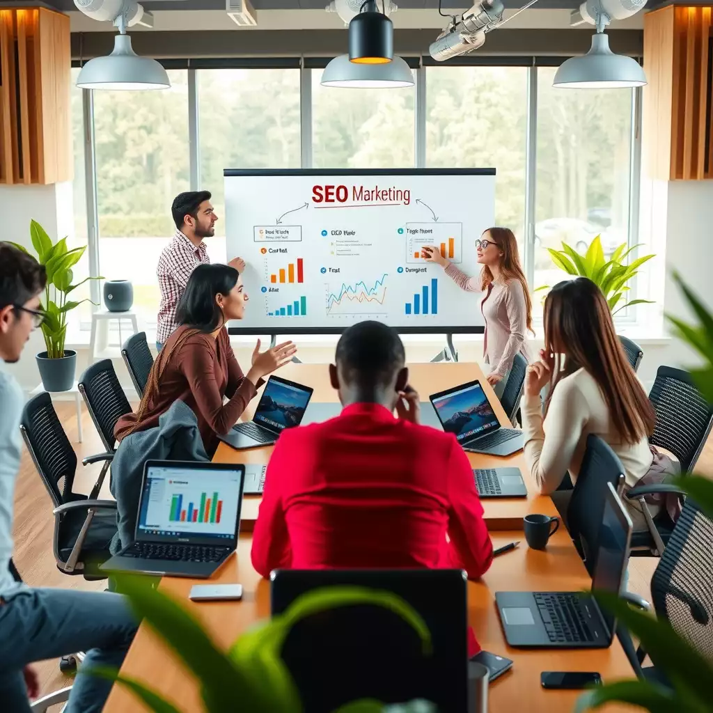 A vibrant modern office scene with diverse professionals collaborating at a conference table, surrounded by laptops displaying colorful data and a large whiteboard filled with creative ideas. Green plants add freshness to the innovative workspace.