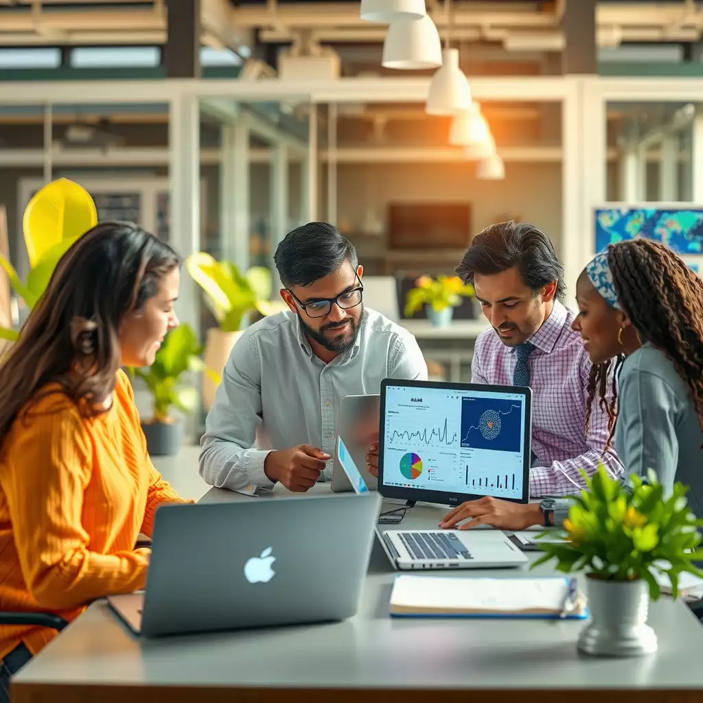 A vibrant and modern workspace where diverse small business owners collaborate around advanced technology, showcasing AI analytics and digital brainstorming tools, embodying innovation and entrepreneurship.