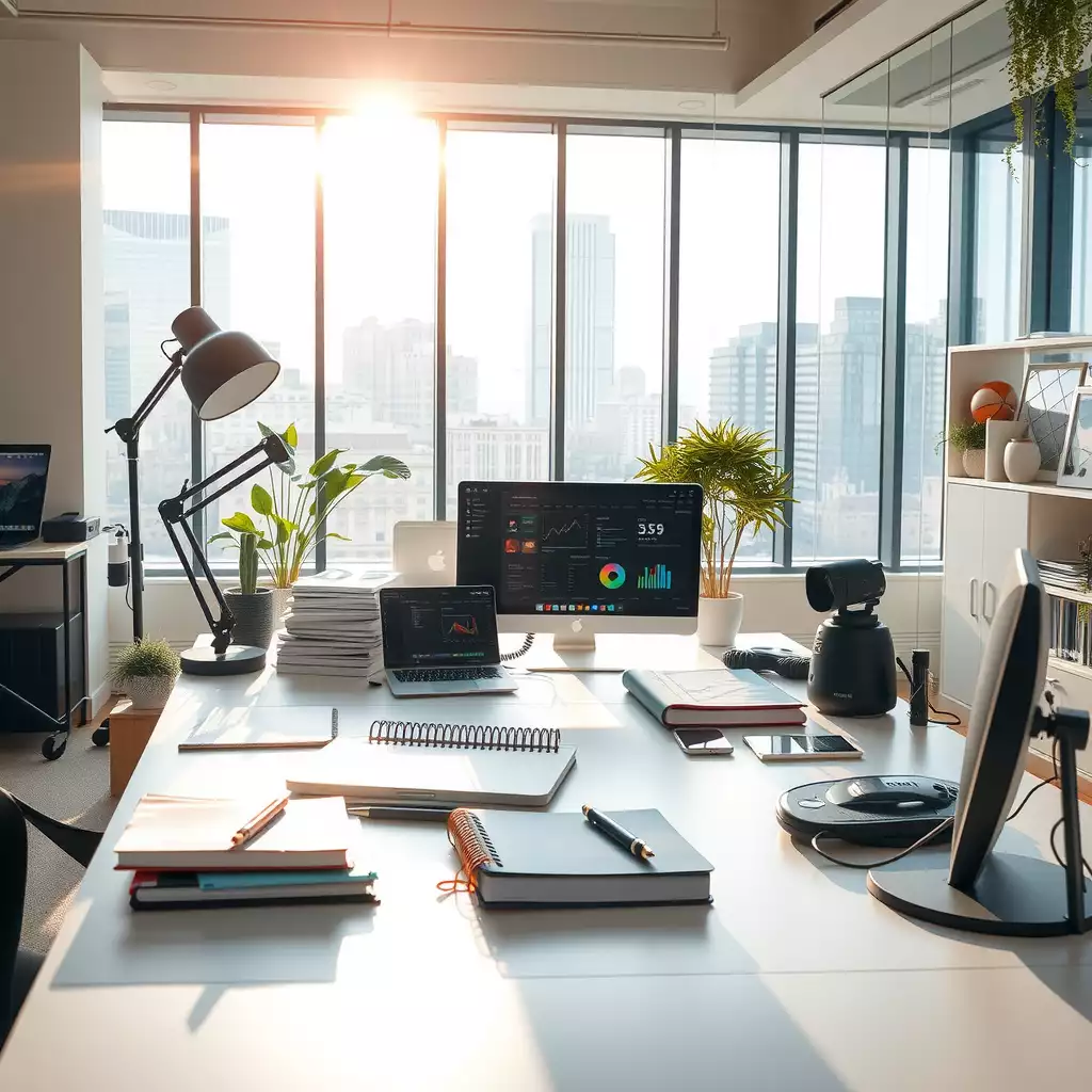 A modern workspace for content creators featuring a sleek desk with digital devices, notebooks, and visual elements like voice search icons, all bathed in natural light.