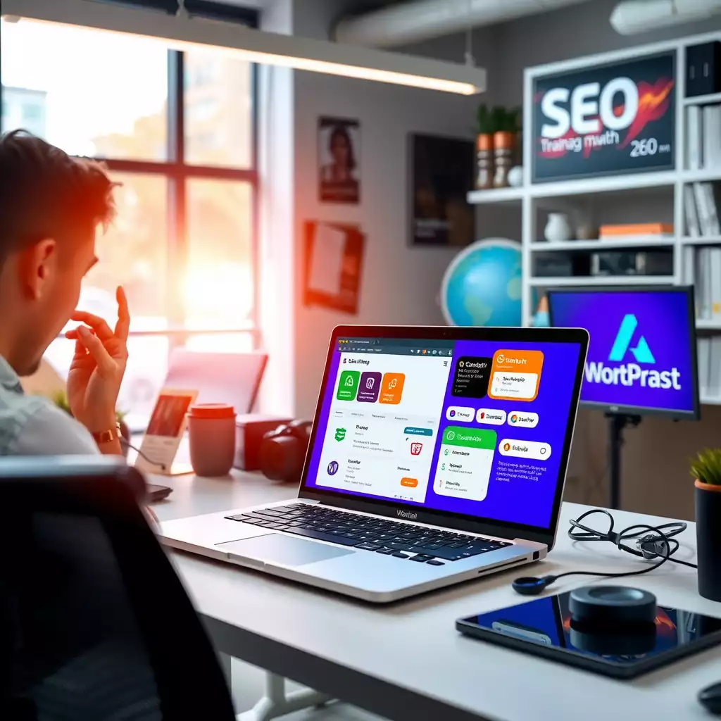 A modern digital workspace showcasing a laptop with a WordPress dashboard and vibrant displays of SEO plugins, emphasizing innovation and technology.