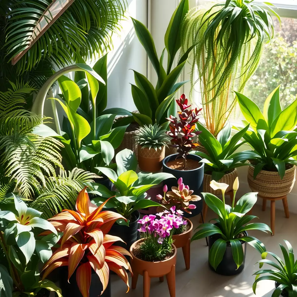 Vibrant indoor garden showcasing a variety of lush houseplants, including ferns, peace lilies, and snake plants, arranged in a stylish living space.