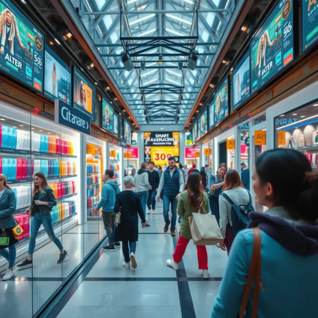 A vibrant e-commerce marketplace featuring AI-driven product displays, personalized shopping experiences, and enthusiastic shoppers interacting with interactive interfaces and infographics.