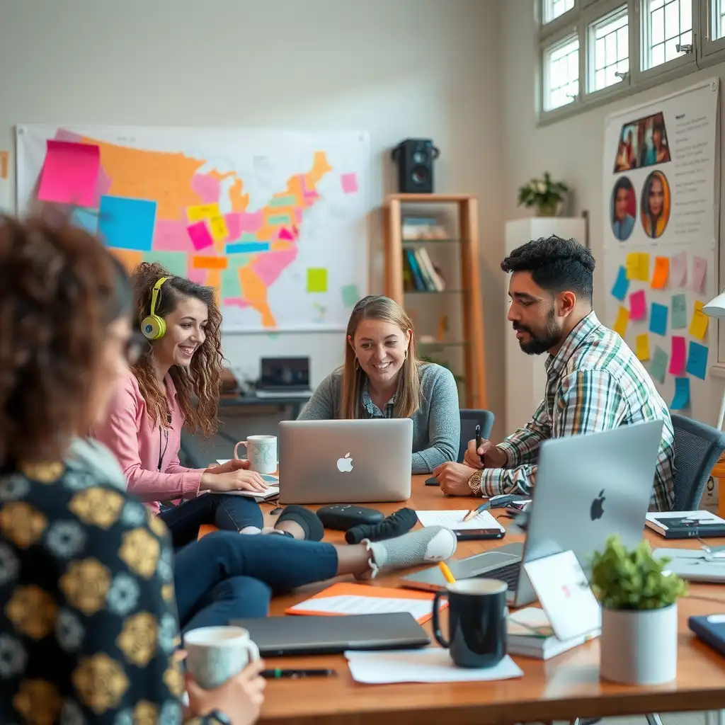 A diverse team collaborates in a modern workspace, surrounded by laptops and vibrant brainstorming boards, illustrating the synergy of creativity and artificial intelligence.