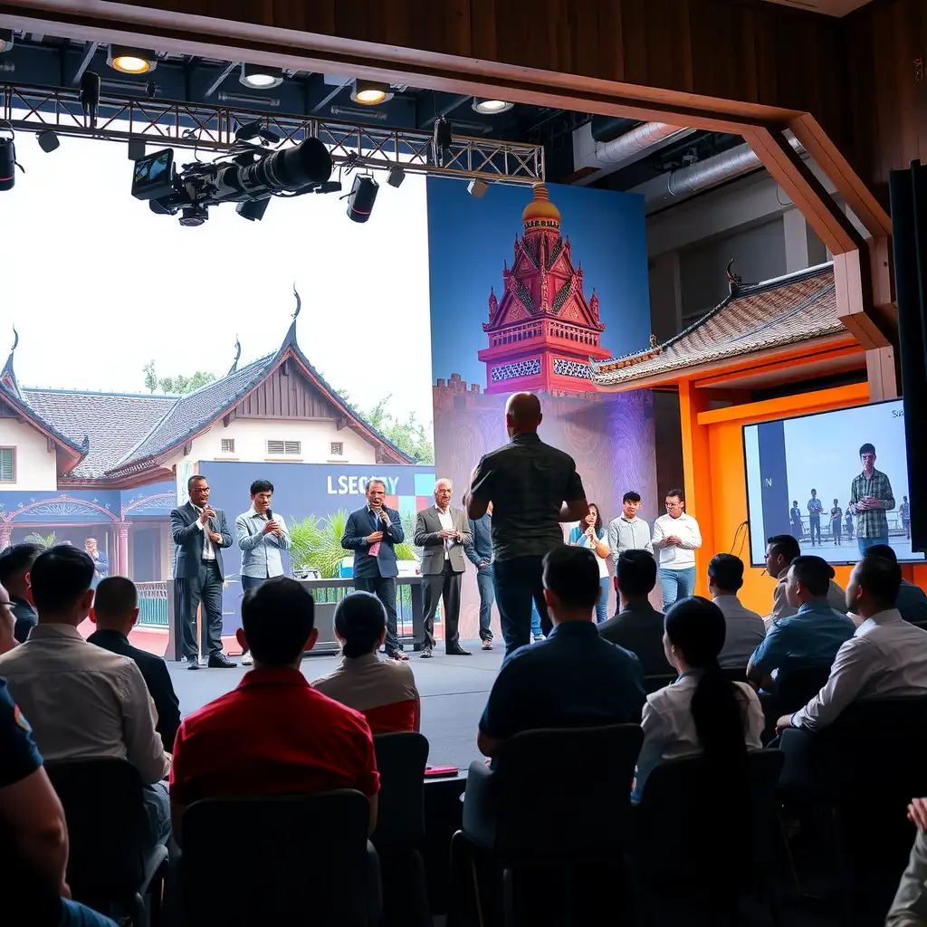 A vibrant scene from the Chiang Mai SEO Conference 2024, showcasing diverse speakers on stage engaging with an attentive audience, set against a backdrop of local cultural elements and architecture.