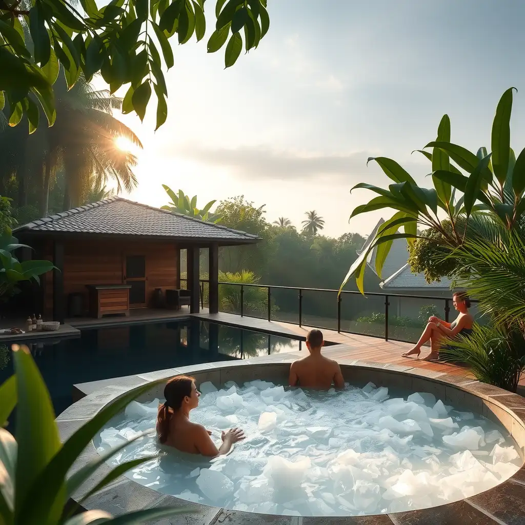 Serene wellness retreat in Chiang Mai featuring an outdoor sauna, glistening ice bath, and participants practicing breathwork amidst lush tropical foliage.