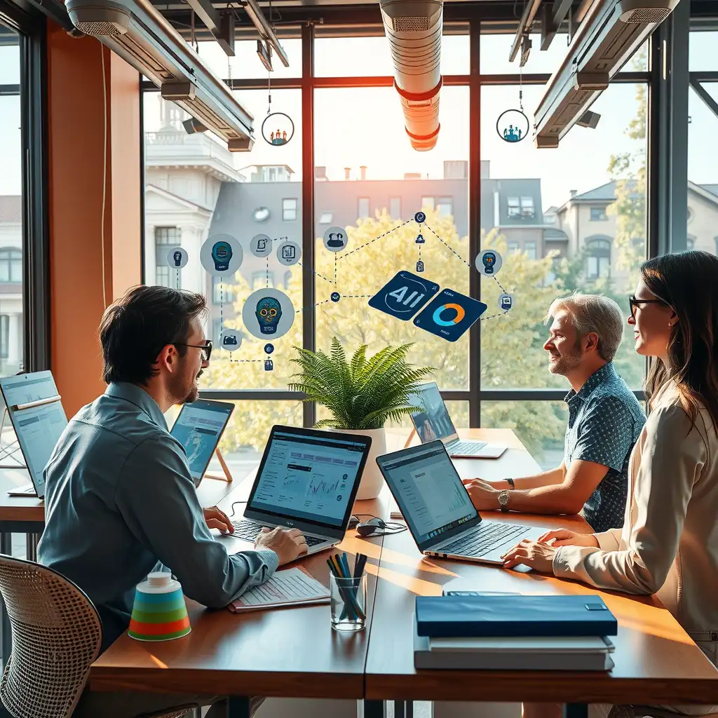 A modern workspace featuring sleek devices displaying AI interfaces, dynamic data visualizations, and individuals collaborating in a vibrant atmosphere of innovation and technology.