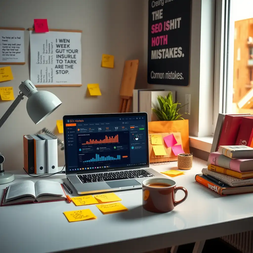 A modern home office workspace for digital marketing beginners, featuring a laptop on a sleek desk, colorful sticky notes, books on SEO, a steaming cup of coffee, and motivational quotes on the wall.