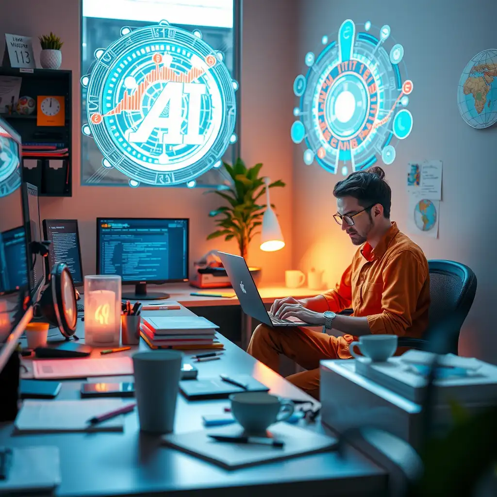 A dynamic workspace featuring a human writer engaged in creative writing at a laptop, contrasted with a futuristic AI interface displaying swirling data and algorithms, all bathed in soft ambient lighting.