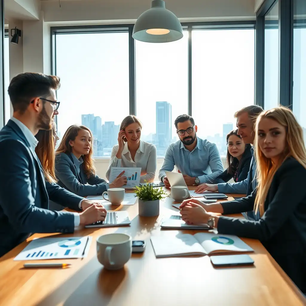 A diverse team of professionals engaged in a lively discussion about data privacy compliance in a modern office setting, featuring digital devices, legal documents, and collaborative notes.