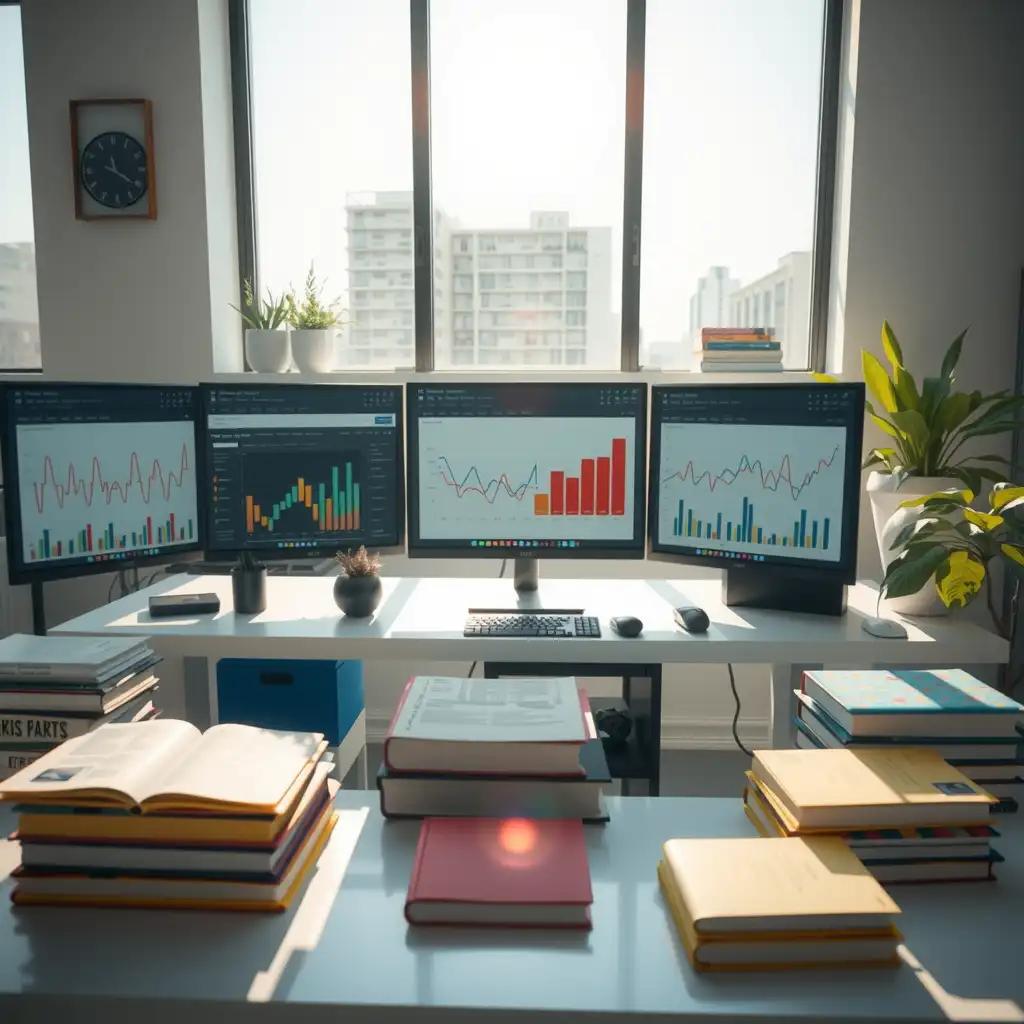 Modern workspace for content optimization featuring a sleek desk setup with multiple screens displaying analytics and creative content drafts, surrounded by books on digital marketing and innovation.