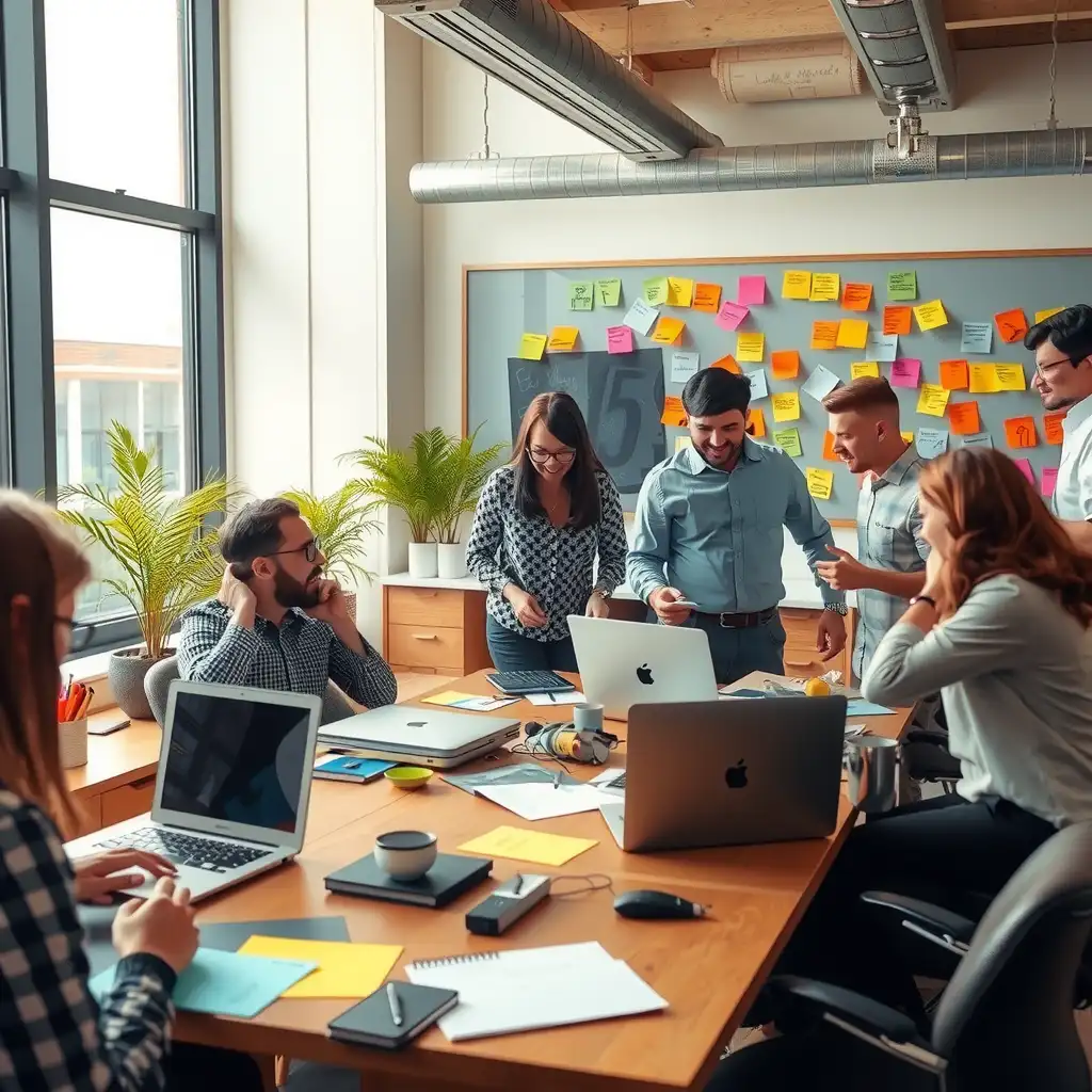 Dynamic workspace showcasing a diverse team collaborating on creative ideas with laptops and colorful sticky notes in an inspiring office environment.