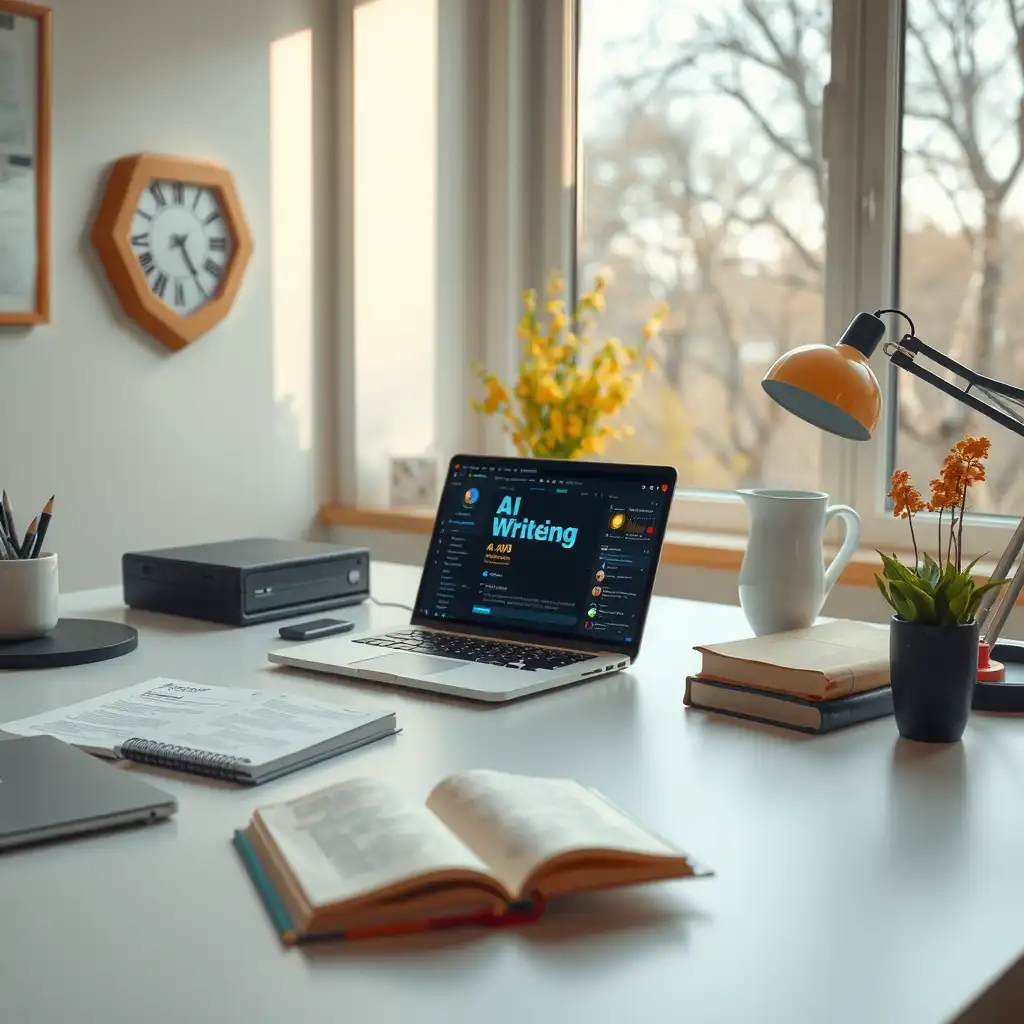 A modern workspace featuring a sleek desk setup with a laptop displaying AI writing software, scattered creative notes, and innovative tech elements, evoking a sense of productivity and creativity.