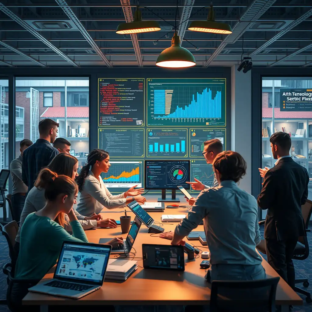 Dynamic modern workspace with diverse teams collaborating on custom AI models, advanced technology displays showcasing data visualizations and coding screens.