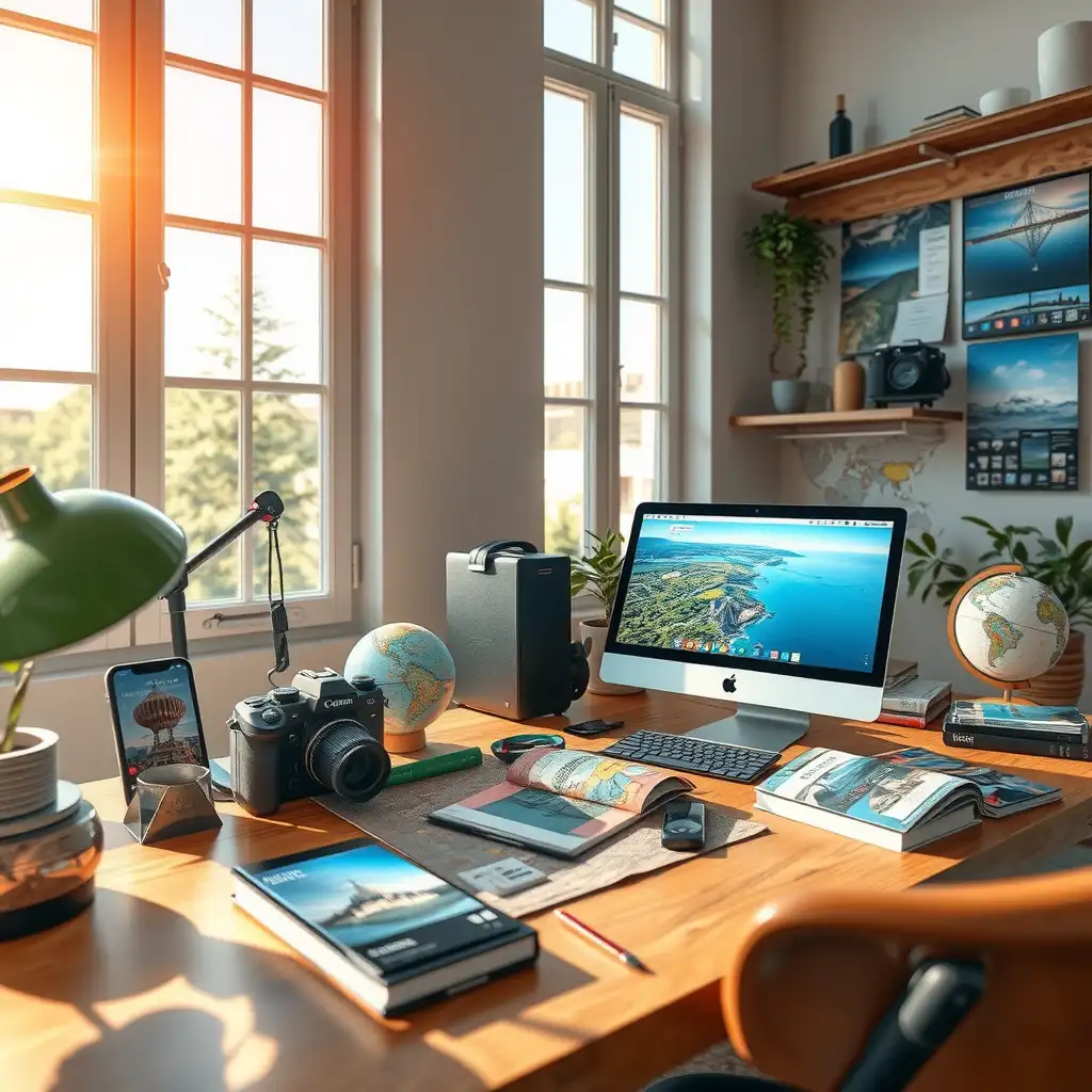 A vibrant workspace of a travel content creator featuring a stylish desk with travel guides, a laptop displaying a website, and decorative elements like maps and globes, evoking creativity and wanderlust.