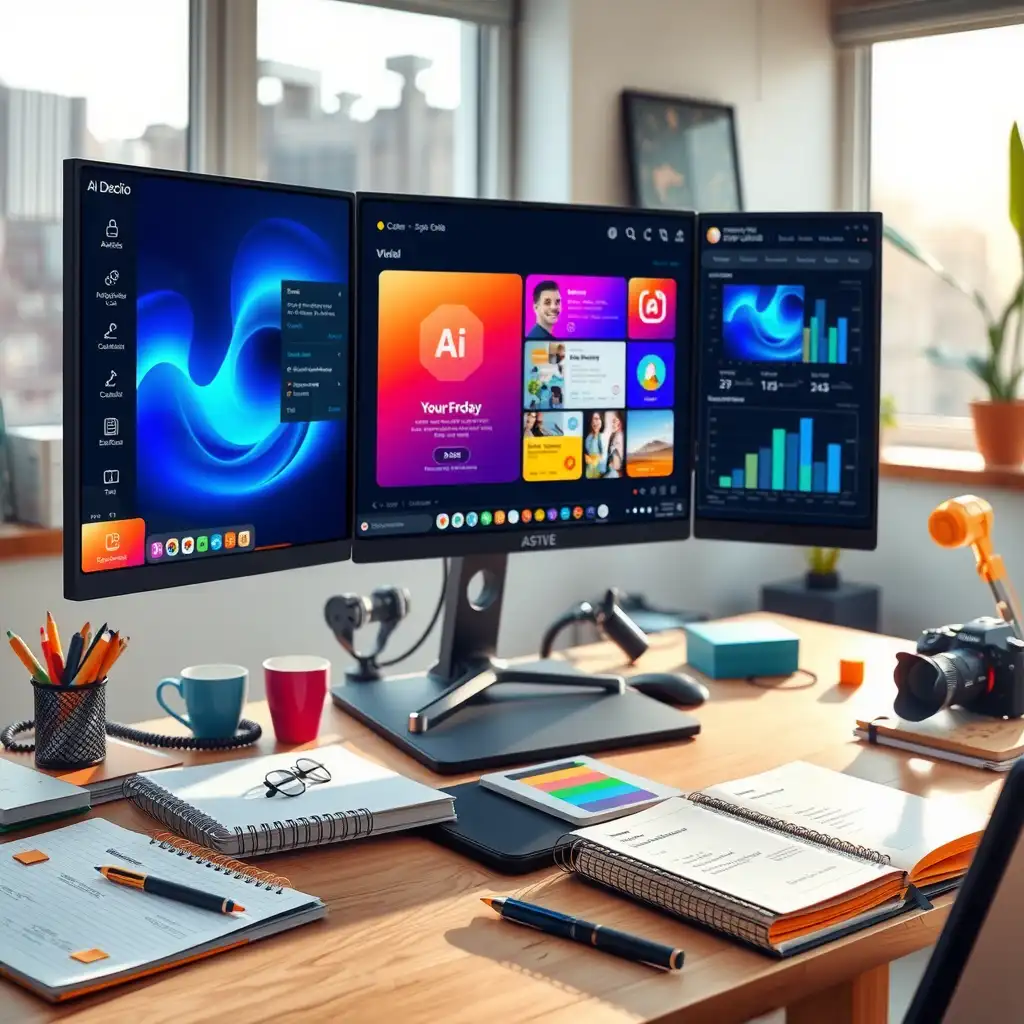 A modern workspace featuring multiple computer screens with AI tools, surrounded by notebooks and colorful sticky notes, reflecting creativity and innovation.