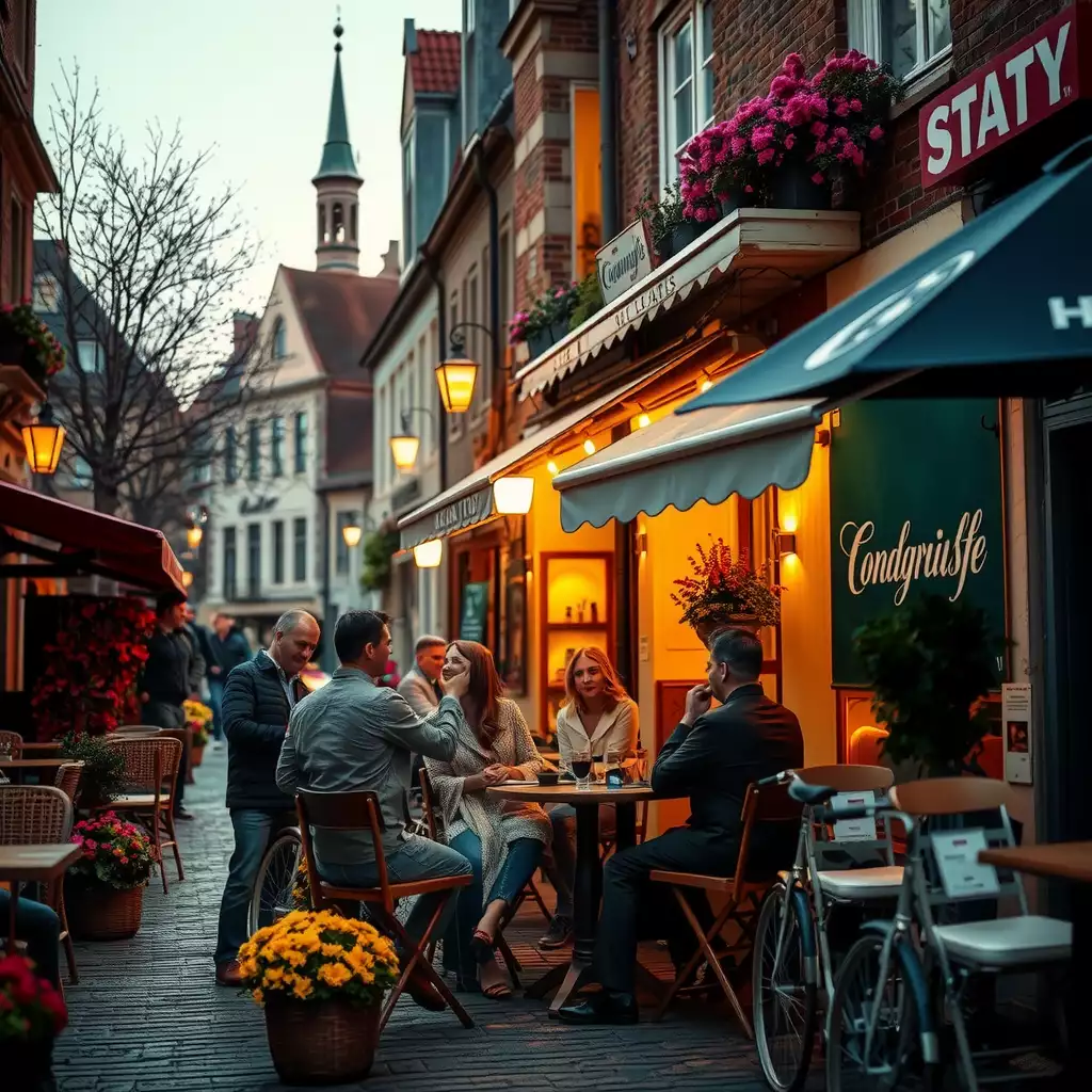 A cozy outdoor café scene in Germany, featuring couples enjoying each other's company amidst blooming flowers and historic architecture, evoking romance and connection.