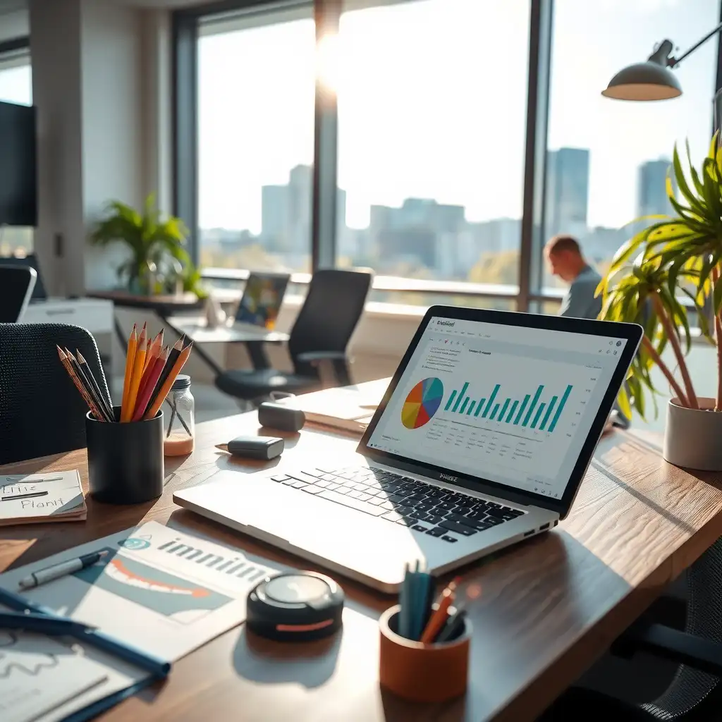 A modern office workspace featuring a sleek laptop with analytics, surrounded by notes and brainstorming tools, reflecting themes of innovation and collaboration in the context of AI content creation.