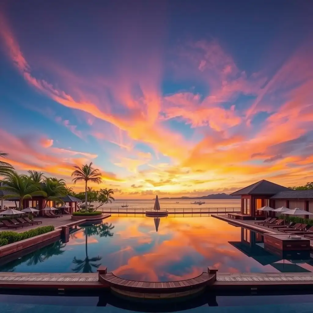 A luxurious seaside resort on Koh Chang featuring swaying palm trees, pristine beaches, and inviting infinity pools against a vibrant sunset backdrop.