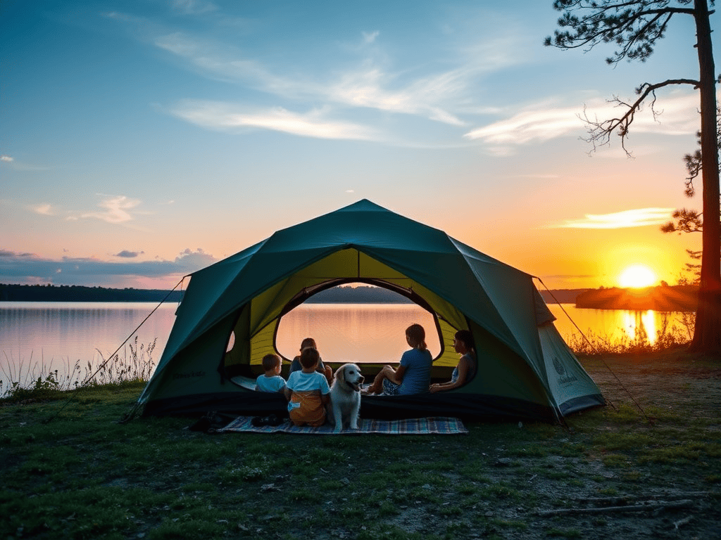 A spacious 6-person tent set up in a beautiful campsite, surrounded by trees and a flowing stream, capturing the essence of outdoor adventure and nature.