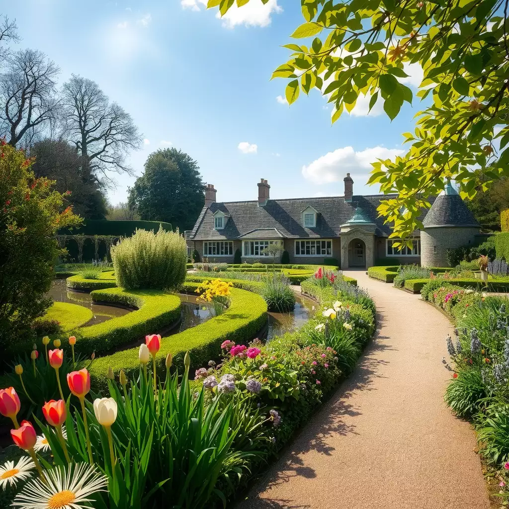 A vibrant and serene scene of Nymans English Garden, featuring lush floral displays, winding pathways, and tranquil water features that evoke a sense of peace and wonder.