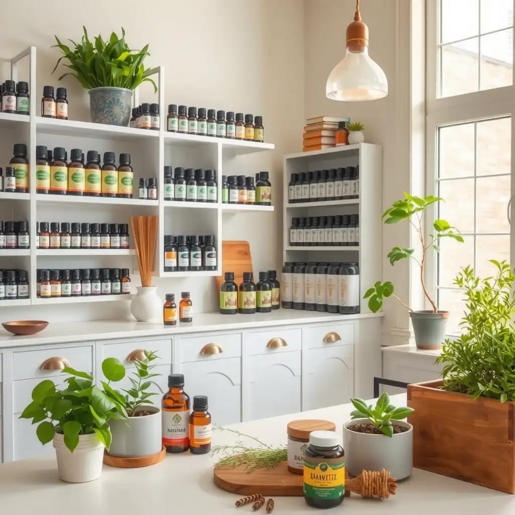 A serene workspace featuring neatly arranged essential oil bottles, surrounded by fresh plants and herbs, conveying a warm and inviting atmosphere.