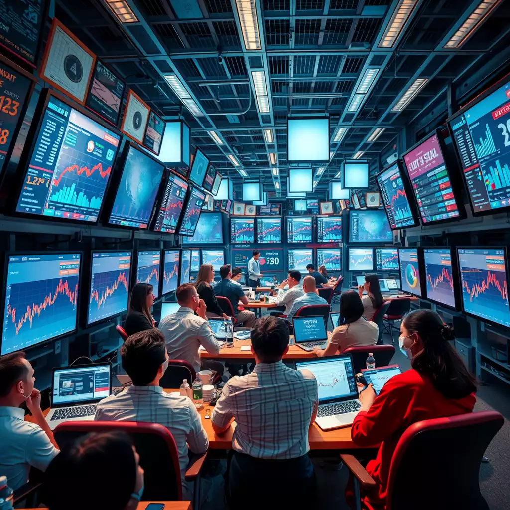 A modern office filled with professionals engaged in discussions, surrounded by screens displaying dynamic graphs and social media feeds, capturing the urgency of algorithm changes in the digital landscape.