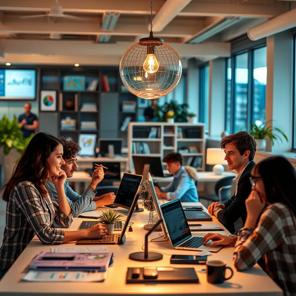 A vibrant and modern office space filled with a collaborative team brainstorming innovative e-commerce strategies, surrounded by digital devices showcasing analytics and AI-driven content.