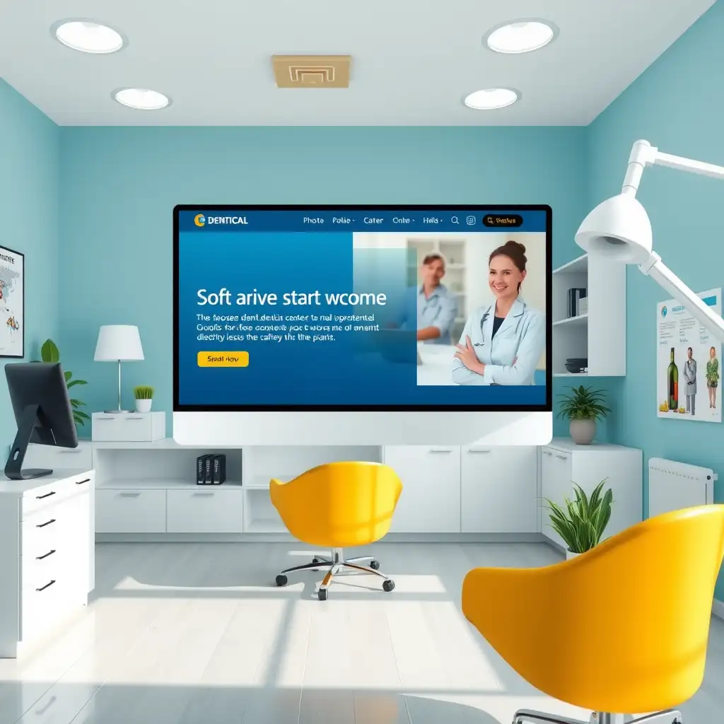 A modern dental practice website interface showcasing user-friendly navigation, informative content sections, and appealing graphics in a bright, welcoming office environment.