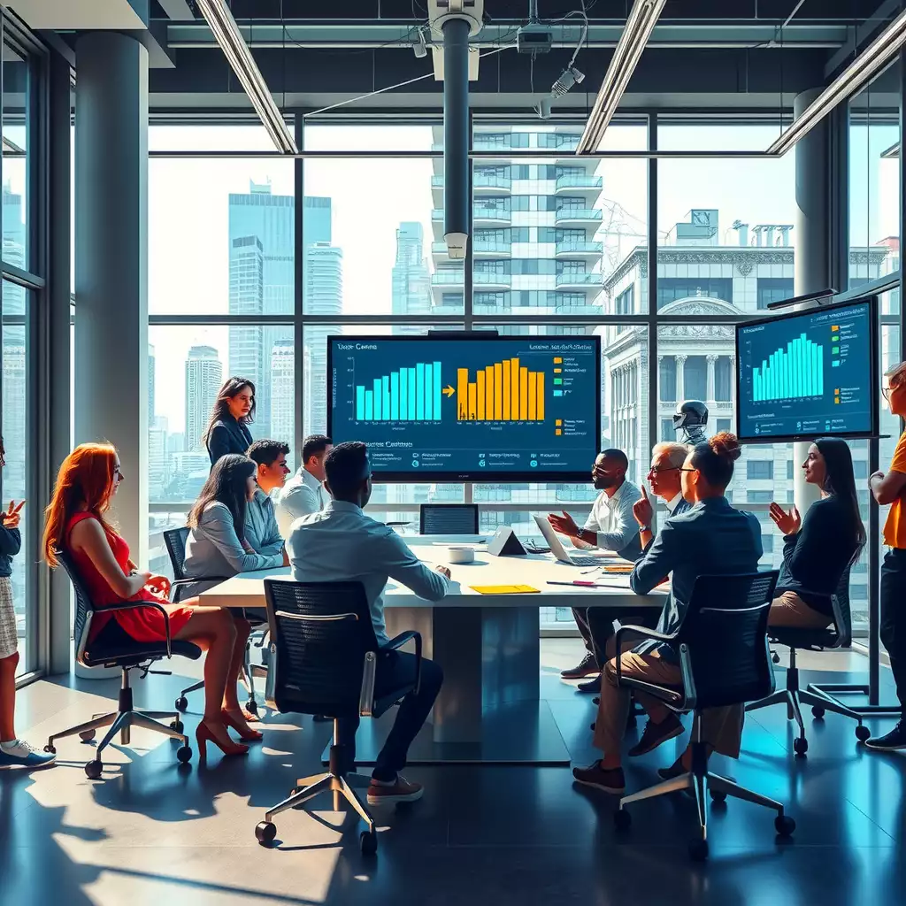 A modern workspace featuring a diverse group of individuals collaborating around a sleek conference table, with high-tech screens displaying data analytics and AI algorithms. The environment is bright and inviting, showcasing contemporary design elements and a focus on inclusivity and innovation in technology.