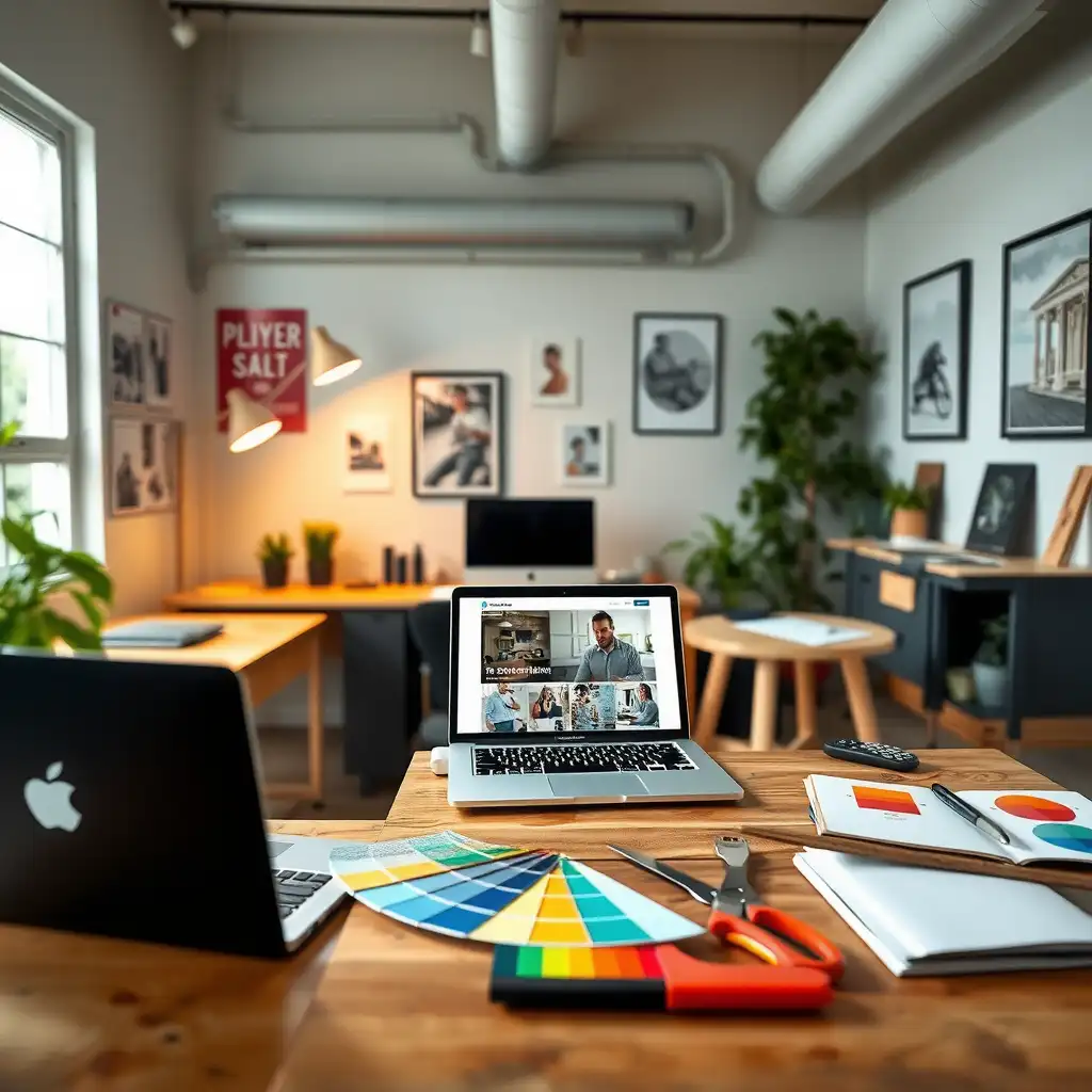 A well-organized home improvement workspace featuring a sleek desk with an open laptop, colorful paint swatches, neatly arranged tools, and inspiring before-and-after images on the walls. The setting conveys creativity and professionalism.