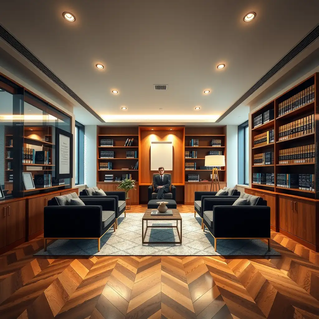 A sophisticated law firm office featuring modern furniture, law books on shelves, and digital displays, creating an inviting and professional atmosphere.